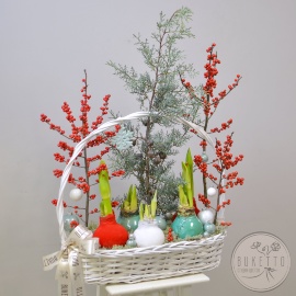 Композиция «Зимнее сердце» — новогодняя композиция с луковицами амариллисов, илексом и таежным мхом