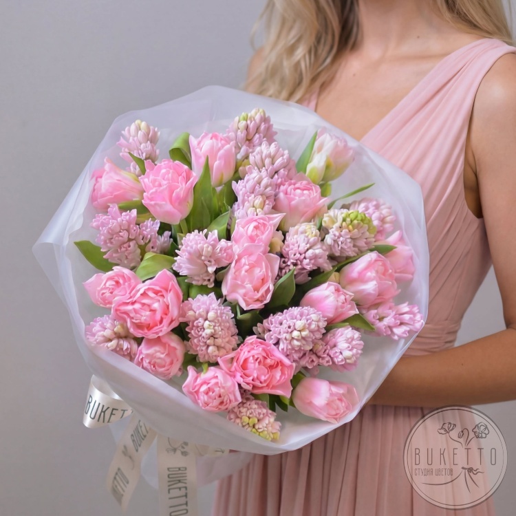 Букет «Розовый эфир» — из пионовидных тюльпанов Dreamer и ароматных гиацинтов №959