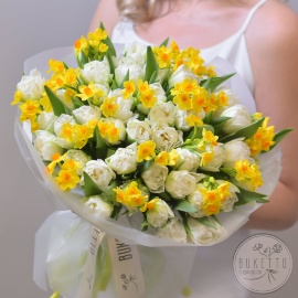 Букет «Солнечный вальс» — из премиальных пионовидных тюльпанов Galileo и нарциссов Soleil d'Or №962